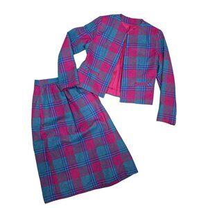 Vintage Johnny B Plaid Wool Skirt & Jacket Set Fuchsia & Teal M Classic 2-Piece